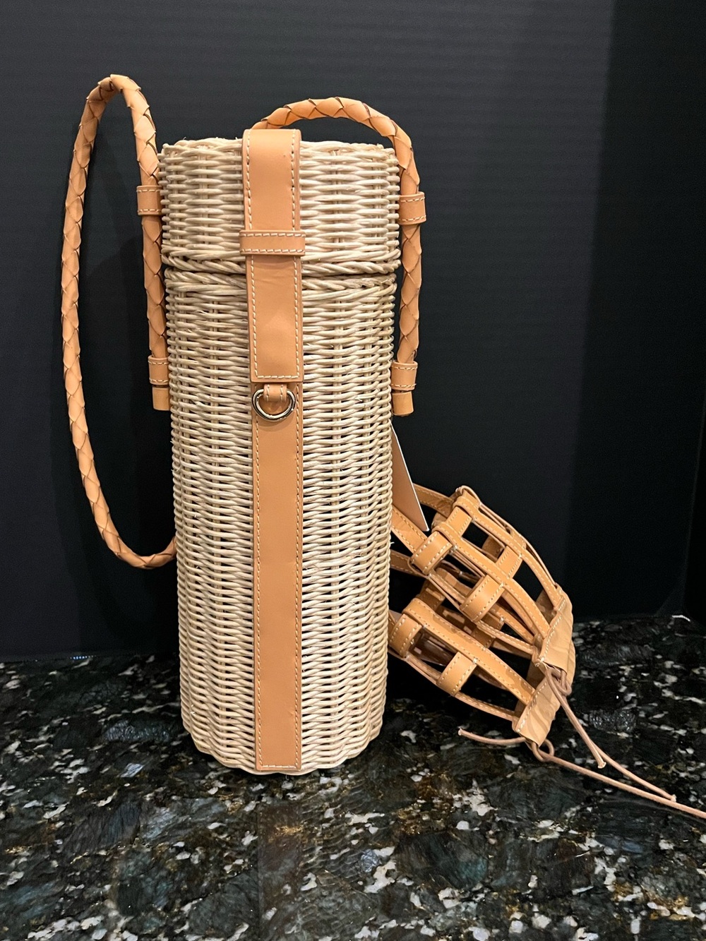 Pearl by Lela Rose Natural Woven Wine Carrier with Glass Holders